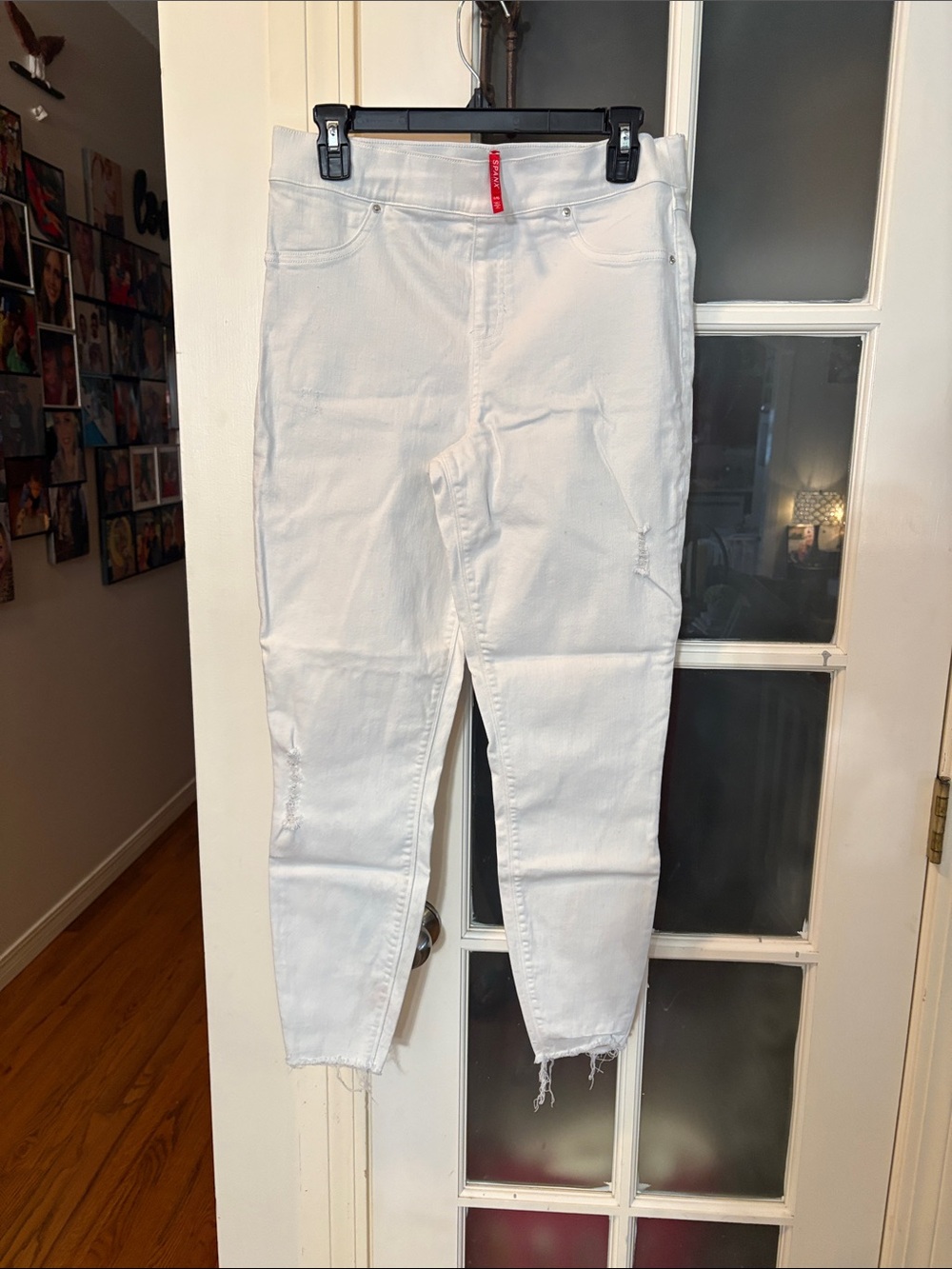 SPANX White Cropped Distressed Slim Jeans